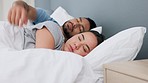 Tired, sleeping and hug couple in a bed dreaming at home together. Asian boyfriend and girlfriend sleep together and woman in bedroom with boyfriend. Husband and wife lying or resting in the morning