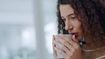 Thinking woman drinking coffee, tea and peaceful break for home comfort, relax and carefree rest. Daydreaming, beautiful and thoughtful mature person sipping on warm cup, fresh mug and hot beverage