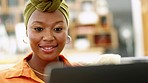 Black woman, laptop and online shopping work from home, technology and internet website. Young african freelancer, happy blog and apartment living room planning, email reading and virtual learning