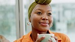 Relax, black woman drink coffee or tea in creative business, design company or corporate worker with smile and zen. Happy face, success or motivation with leader enjoying cafe, latte or espresso