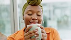 Coffee drink, relax and black woman in work office, happy with tea and motivation working at a startup company. Face of business employee smelling latte, smile for success and thinking of idea