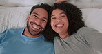 Selfie, love and happy influencer couple lying on the bed to relax rest and live stream their relationship at home. Portrait and smile of interracial man and woman with a peace sign and bedroom fun