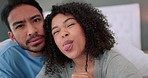 Comic face, selfie and funny couple in love together in their home, house or bedroom. Goofy, silly and playful man and woman in partnership, trust and romance or crazy, fun joke or humor, meme or gag