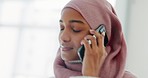 Muslim woman, phone call and communication in hijab having a conversation, discussion or talk at home. Islamic female in islam talking on a mobile smartphone speaking to friend, partner and annoyed