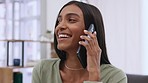 Communication, talking and laughing, a woman on the phone in an office having a happy conversation. Connection, a smile and discussing a deal, an startup employee speaking to a client on a smartphone