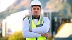Leadership, proud and portrait of engineer, architect or construction worker outdoors for vision, trust and motivation. Industry worker smile for success, mission or goal mindset and happy with job