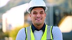 Smile portrait of construction worker, building man or architect engineer with happy face, helmet or real estate vision. Engineering employee, designer leader or architecture property idea motivation