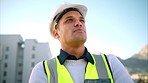 Contractor, building engineer and construction worker thinking, planning and dream of architecture ideas, property vision and industrial goal in urban city. Supervisor, manager and inspection worker