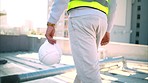 Building, construction worker and helmet for engineering man on property roof and thinking or planning property vision. Zoom on industrial desiner hand, architect safety or employee security hard hat