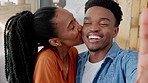 Couple selfie, love and black couple sharing kiss during influencer streaming video for social media. Portrait and face of happy man and woman sharing picture on internet to show commitment and bond
