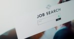 Job search bar, computer screen and recruitment website for  we are hiring and Human Resources software on desktop app. Online corporate or business marketing, internet career advertising or SEO tech