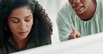 Marketing and advertising workers planning a strategy for goal, vision and target on a computer in an office. Corporate woman and manager in a coaching meeting to help, teaching and learn business