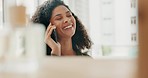 Phone call, communication and woman in chat, talking or dialogue with a smile. Conversation, discussion and happy female on smartphone, mobile or cellphone speaking, discussing or chatting.
