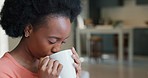 Relax, steam drink and girl on break to enjoy warm and delicious beverage alone in home. Black woman amazed, relieved and impressed with strong aroma taste in drinking cup for chill time. 