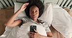 Thinking, anxiety and woman awake in her bed waiting and checking phone for text message response. Black person with insomnia, stress and anxious thoughts in mind resting in bedroom with cellphone.