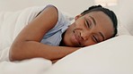 Wake up in bed, happy black woman beauty and bedroom home smile. Young girlfriend face in morning, relax on vacation and peaceful sleep rest. Love greeting person, lazy tired day and honeymoon pov 