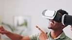 Futuristic couple with VR or virtual reality glasses excited with interface in home living room. Metaverse, future and tech of gamer black people with ai 3D simulation video game software app