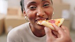 Couple eating, pizza food and happy after moving to new home, smile for fast food  in living room and happy with lunch at house. Face portrait of black woman being fed by a man in lounge with boxes