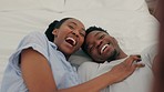 Happy, black couple and bedroom selfie with smile in relax, happiness and laughing fun at home. African man and woman in relationship love, joy and comfort lying on a bed celebrating moments together