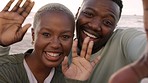 Influencer couple at the beach in POV video with hello gesture for social media internet content. Happy portrait of man, woman or black people on zoom call or live streaming anniversary date by ocean