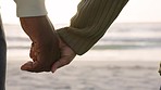 Trust, love and holding hands with couple at beach and looking out to the ocean waves together. Support, respect and care with man and woman in romantic, commitment and happy relationship by the sea