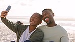 Beach selfie, mobile smartphone and couple happy at sea. Miami ocean sunset, holiday love and capture vacation moments together. Black woman photograph sunrise sky, man smile and picture happiness