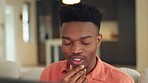 Anxiety, stress and worry business man waiting for email, results or feedback on laptop while working remote at home.  African American freelance male feeling nervous about a proposal or deadline