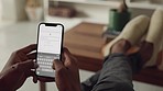 Black man hands, phone and travel booking app for transport flight, hotel hospitality or calendar schedule in house living room. Zoom on planning vacation, trip and location on global ticket website