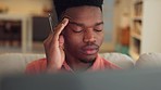 Headache or work burnout for man working on freelance social media content writing or online news paper article. Black man with anxiety, stress and tired eyes from typing a story for target deadline
