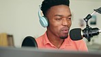 Microphone, podcast and black man speaker or DJ presenter in music radio station recording studio. Creative African streamer, internet influencer or online content creator live streaming for audience