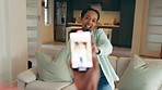 Woman influencer dancing with phone selfie video for media content creation and celebration of her new apartment or real estate. Gen z digital friends couple dance and live streaming in living room