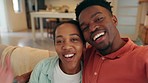 Video call, wave and love with a black couple laughing together while talking on a call in their home. Happy, communication and smile with a young man and woman having fun and calling with technology