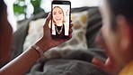 Video call, phone and communication with friends on a call during covid lockdown and regulations. Friendship, wave and smile with a happy and excited woman greeting a friend on a mobile screen