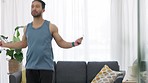 Man doing cardio fitness training in living room, Asian person workout for strong body and sports exercise for heart health in house. Motivation for skipping rope challenge and power for performance