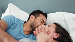 Couple, love and happy with a man and woman laughing, kissing and drinking coffee together in their home. A collage of romance with a male and female bonding, being romantic and positive in a bedroom