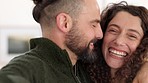 Happy couple selfie, face kiss funny together and comic laugh. Excited young man hugging crazy woman with smile, portrait of people in love relationship and beautiful marriage happiness closeup