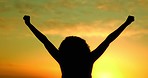 Silhouette, sunset and celebration woman with hands up for freedom, motivation and success on beach, sea or ocean. Happy girl winner excited in nature near water celebrate life achievement with joy