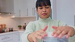 Smoothie fruit and woman with blender in kitchen for healthy lifestyle vitamin diet snack. Young nutrition food girl with drink blend mix of blueberries, strawberry and kiwi ingredients. 