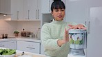 Blender, fruit and woman on a health diet making a healthy and organic vegan smoothie for weight loss and wellness. Nutrition, kitchen and nutritionist girl prepare vitamin milkshake for body detox