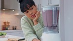Blender, kitchen and woman waiting for smoothie to drink for health, wellness and body detox. Patient, nutrition and organic fruit juice or milkshake for vegan nutritionist girl on weight loss diet