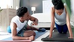 Push ups, motivation and personal trainer couple in bedroom or home doing workout training or exercise together for fitness, wellness or health goal, Love, support and help of black people exercising