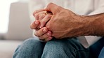 Love, holding hands and a couple support and care for each other on sofa in living room or in counseling for marriage. Help, strength and hope, a man and woman working on trust and therapy together.