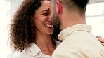 Happy couple dancing together in home, smile on love date in house and learning to dance in apartment. Funny, happiness and romantic man and woman laughing at joke and support in trust marriage