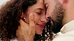 Happy, love and couple touching nose together in romantic embrace. Lovers, a smile and touch in the face, a man and woman greeting after time spent apart. Care, support and romance, affection outside