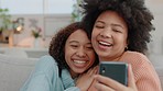 Happy, friends, selfie on a sofa, bonding and laughing while relax in a living room. Cheerful black women enjoying their friendship and a day indoors, taking photo of a fun moment for social media