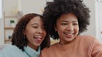 Women, friends and happy smartphone selfie together for fun with tongue out and peach sign. Girl friendship with african american people relaxing together for chill time with technology.