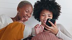 Relax friends with smartphone talking social media gossip, surfing internet or having funny conversation of meme content on app. Black people, women or gen z couple watching mobile web video online 