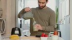 Asian man, fruit smoothie and green juice as healthy breakfast diet, weight loss drink or protein milkshake in home kitchen. Food nutritionist in morning wellness or vegetable detox cocktail in house