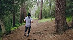 Running, fitness and exercise with a sports man listening to music on headphones and training in the forest or woods. Workout, wellness and health with a male athlete or runner out on a run for sport