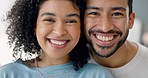 Portrait of happy, love and interracial couple face relaxing together at home for care, relationship and romance. Smile man, young woman and happiness people dating, caring and enjoying quality time